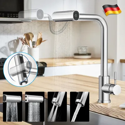A kitchen faucet with a pull-out spray head is shown in a kitchen setting, with multiple close-up views of the spray head's different modes.