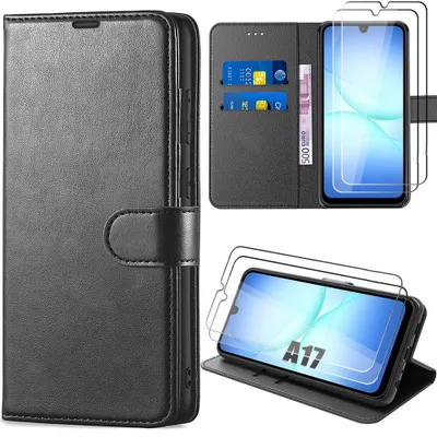 Image de Coque + 2 Verres Trempés pour Samsung Galaxy A17 5G/4G, Protection Rabat Antichoc Synthécuir Noir