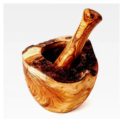 Produktbild von Mörser und Stößel aus Olivenholz im Naturschnitt mit Rindeteilen am Rand, ca. 12 cm