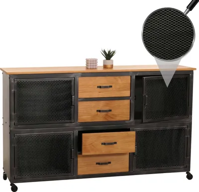 Zdjęcie produktu dla Kredens HWC-N28, komoda, kółka 4 szuflady, struktura 3D industrial retro metal drewno 90x150x40cm ~ czarny, naturalny