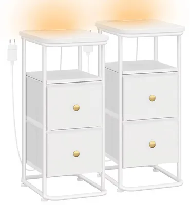Productafbeelding van Nachtkastje-set bestaande uit 2 stuks - Smal nachtkastje - LED-verlichting - 1 USB-A poort - 1 USB-C poort - 2 lades - Wit