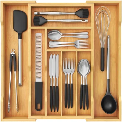 Produktbild von Ausziehbarer Bamboo Besteck Organizer für Küchenschubladen