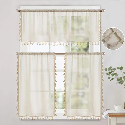 Produktbild von Boho Scheibengardine Stangendurchzug Durchsichtig Vorhang Kurz Küchengardinen mit Quasten Halbtransparente Bauernhaus Gardinen für Balkontü 2 Stücke 66x61cm