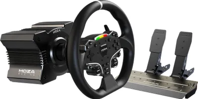 Produktbild von Moza Racing RS20, Lenkrad + Pedale, PC, Kabelgebunden, Schwarz, Aluminium, Leder, Stahl, Aluminium, Leder