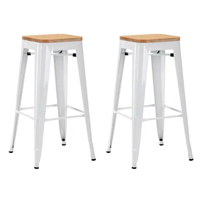 Produktbild von 2x Stuhl Hocker Metall Farbwahl Used Look Sitzfläche Holz Barhocker stapelbar, Farbe:Weiß+Naturholz, Material:Metall