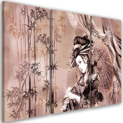 Produktbild von Triptychon auf leinwand geisha und bambus 60x40 cm Feeby rot wandbild bereit zum aufhängen