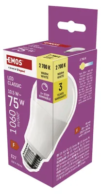 LED žárovka Classic A60 / E27 / 10,5 W (75 W) / 1 060 lm / teplá bílá /krokově stmívatelná