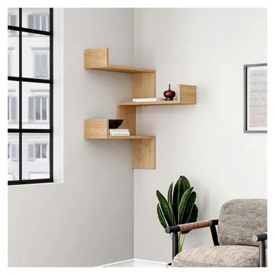 Produktbild von Wandmontiertes Eckregal mit 3 Etagen | Bücherregal & Dekoregal | 60 x 60 x 90 cm | Verschiedene Farben | Eiche