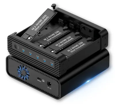 Produktbild von Externes 4-Bay RAID-Gehäuse für M.2 NVMe PCIe SSD 2230-2280, USB-C 4.0 40 Gbit/s, RAID 0/1/5/JBOD, bis 32 TB, Aluminium, Lüfter, PC Mac Linux