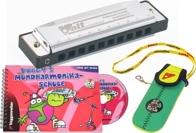Immagine prodotto di Voggenreiter Voggys Mundharmonika-Set, 3-tlg., Kinder, Harmonika, Musikinstrument, Mundharmonika-Schule, Instrument, Metall, ab 6 Jahre, 450