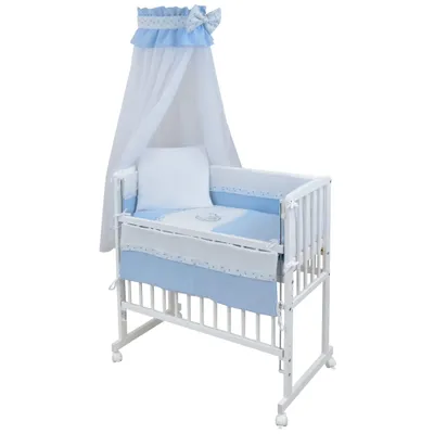 Produktbild von Baby-Delux Beistellbett Stillbett Babybett 90x40 weiß inkl. Matratze Bettwäsche Set komplett Musselin Teddy Mond Blau