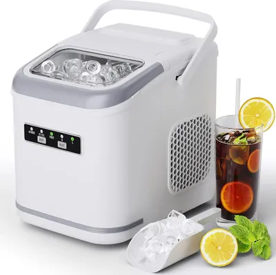Produktbild von Arbeitsplatte Eiswürfelmaschine - Kompakter Tisch-Eisbereiter - 12 kg/24 h - 9 Eiswürfel in 6 Min - Selbstreinigung - Tragbar mit Griff - Weiß