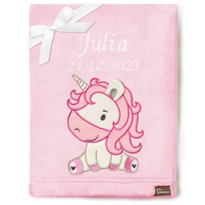 Image de Couverture pour bébé Be Mammy avec application 3D, brodée du prénom et de la date de naissance, 76 x 102 cm BE20-280 (rose poudré – licorne, 76 x 102 cm)