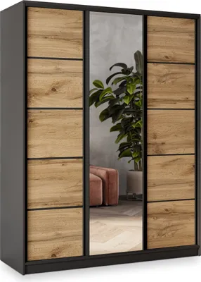 Produktbild von Masseno Schiebetürenschrank NATA 160/205/58 cm Kleiderschrank mit 4 Schubladen Schlafzimmer Schrank 3-türig mit Spiegel Schwarz / Eiche Wotan