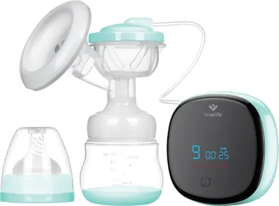 A breast pump and its accessories are displayed against a white background.