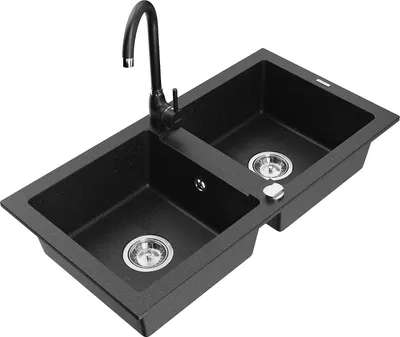 Produktbild von Mexen Mario 2-Becken-Granitspüle mit Mischbatterie Telma, Schwarz/Silber - 6504-73-670200-70
