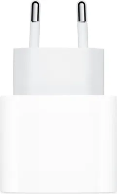 A white Apple USB-C power adapter with two silver prongs is shown against a white background.