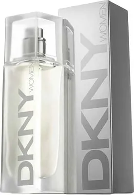 A bottle of DKNY Woman perfume and its packaging are displayed against a white background.
