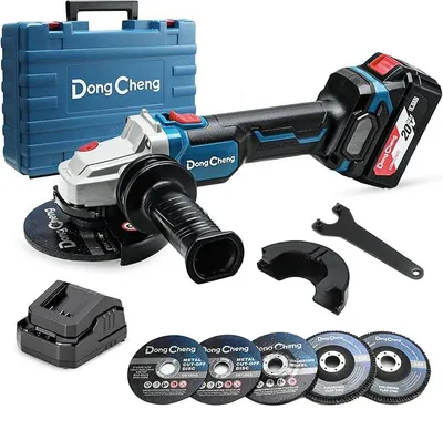 Productafbeelding van DongCheng 18V accu haakslijpmachine, 125 mm, snelkoppelingsbescherming | 8500 t/min. Borstelloze motor, trillingsdempende handgreep, 2 schijven, 2 schuurplaten, 2 doorslijpschijven, 4.0Ah accu en oplader