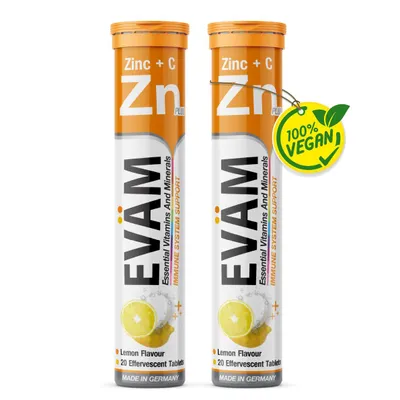 Produktbild von EVÄM Zink + Vitamin C Brausetabletten 2er Set (40 Stk) für Immunsystem, Energie & Zellschutz, Haut, Haare & Nägel, Zitronig, vegan, Hergestellt in DE