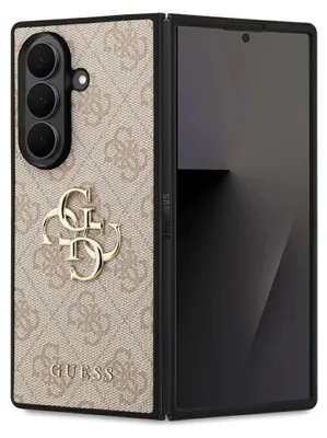 A folded smartphone with a patterned case is shown.