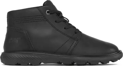 A studio shot of a single black boot.