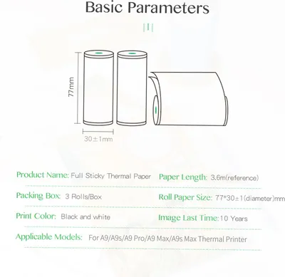 Produktbild von PeriPage 77 x 30 mm selbstklebender Thermopapier-Aufkleber, BPA-frei, bedruckbar, Kleberolle, wasserfest, ölbeständig, reibungsfest, für A9/A9s/A9 Pro