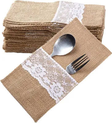 Produktbild von 40 Stück Jute Bestecktaschen Besteckbeutel Besteckhalter Sackleinen mit Spitze Vintage Hochzeitsdeko Tischdeko für Hochzeit Party, 40 Stück Jute Bestecktaschen