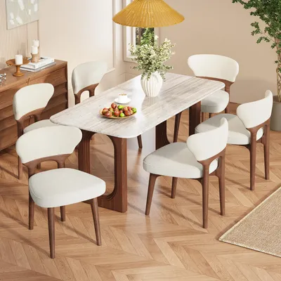 Produktbild von okwish Esszimmerstuhl mit Rückenlehne Polsterstuhl aus Massivholz 6er-Set moderner Stil bequem und atmungsaktiv Hellbeige