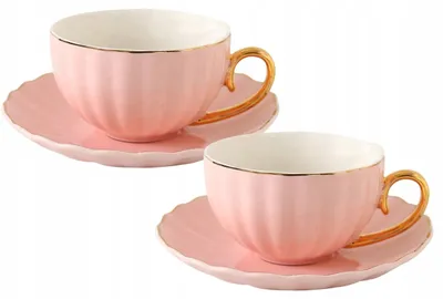 Zdjęcie produktu dla Porcelanowa filiżanka 2szt różowa 220 ml złoty brzeg elegancja do kawy