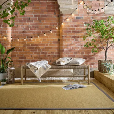 Produktbild von Outdoor Teppich Sisal Bordüre, Balkon schmutzabweisend Natur-Grau Rechteckig 200x290 | 60% Polyester, 40% Polypropylen, Rücken aus 100% Latex