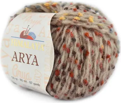 A ball of speckled yarn with a label.
