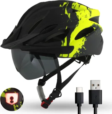Produktbild von Fahrradhelm H085 Urban mit LED-Rücklicht & Magnet-Sonnenbrille Visier – City Helm für Damen & Herren – 54-61cm – Ultraleicht 245g Schwarz/Gelb (Neon)