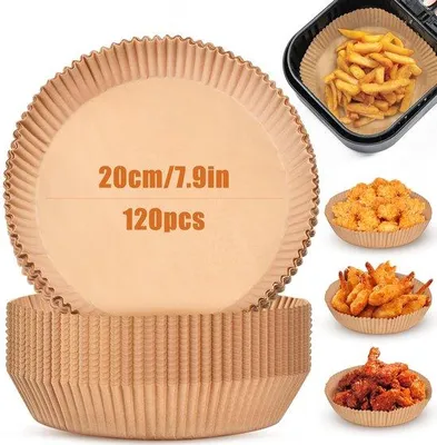 Zdjęcie produktu dla 120 sztuk papieru do pieczenia do frytkownicy powietrznej o pojemności 3–4,5 l, okrągłe wkłady zapobiegające przywieraniu, nadające się do kuchenki mikrofalowej i piekarnika, 20 cm