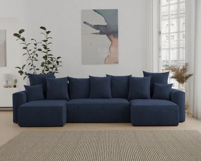 Produktbild von U-Form Sofa ANTONIO DENVER - 312x142x73cm, Wohnzimmersofa mit Schlaffunktion & Bettkästen - Eckarniutur, Couch U-form, Bezug - Blau