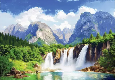 Produktbild von Fototapete 3D Effekt Wasserfall Berge Wald - 350x250 cm - inklusive kleister - Vlies Tapete - Vliestapete Wohnzimmer Schlafzimmer Küche Modern Wandtapete