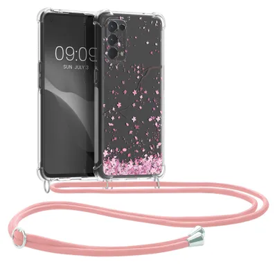 Produktbild von kwmobile Necklace Case kompatibel mit Oppo Find X3 Lite Hülle - Silikon Cover mit Handykette - Rosa Dunkelbraun Transparent Kirschblütenblätter