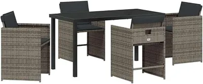 Produktbild von Garten Essgruppe 5-teilig Grau Poly-Rattan - Modernes Gartenmöbel Set mit Glastisch und 4 Stühlen, Essgruppe für Terrasse, Balkon und Garten, Sitzgruppe für 4 Personen