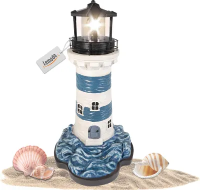 Produktbild von Leuchtturm blau,weiß mit rotierendem Leuchtfeuer, Gartendeko 43 cm hoch, solar
