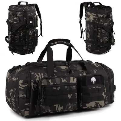 Sporttasche 50 l, 3-in-1 Reisetasche mit Schuhfach, Schwarz Camo