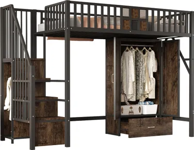 Produktbild von Metall-Hochbett 90 × 200 cm Mit Geländerdesign Aus Holz und Metallgitter, Komplett Mit Großem Kleiderschrank, Schubladen und Aufbewahrungsleiter, Schwarz , 140 cm