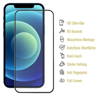 Produktbild von 1x 9D Keramik für iPhone 12 Pro FULL-COVER Panzerfolie Displayschutz Panzerschutz Schutzfolie Displayfolie Folie ANTI-SHOK ANTI-BRUCH-ANTI-STOß