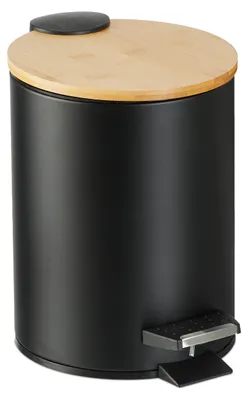 Obrázek produktu pro Relaxdays Odpadkový koš do koupelny, 3 l, kosmetický koš s automatickým zavíráním, bambusové víko, vyjímatelný vnitřní koš, šlapací koš, černý