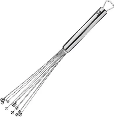 A stainless steel whisk with a cylindrical handle and a loop at the end, set against a white background.