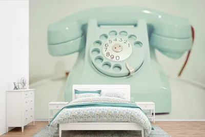 Produktbild von MuchoWow® Fototapete für Wohnzimmer oder Schlafzimmer Wandtapete Vinyl Motivtapete Ein grünes Retro-Telefon - 330x220 cm - Fototapeten