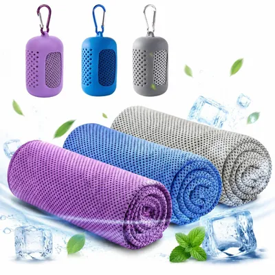 Produktbild von 3 Stück Kühlhandtuch Cooling Towel,100 x 30 cm,schnelltrocknend,sofort kühlend Sporthandtuch,Mikrofaser für Fitness,Yoga,Sport,Outdoor(Lila,Grau,Blau)