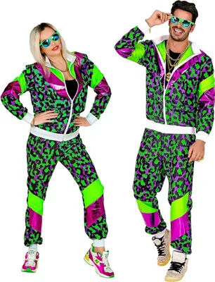 A man and a woman posing in matching 80s-style tracksuits.
