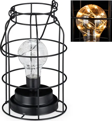 Zdjęcie produktu dla Lampa stołowa Relaxdays w stylu vintage, lampa z kratką i żarówką LED, ciepła biel, zasilana bateryjnie, lampa z drutu w stylu industrialnym, czarna