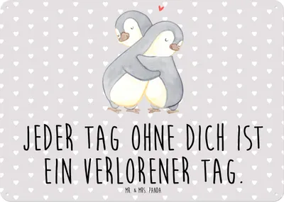 Produktbild von Mr. & Mrs. Panda tafel Pinguine Kuscheln DIN A5 - Grau Pastell - Geschenk, Wandbild, Mitbringsel, Schild, Blechtafel, für Freundin, Frauen, Metallbild, Türschild