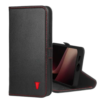 A black leather phone case with red stitching and a red bull logo is shown with a phone inside.